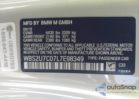 2020 BMW M2 Competition z USA, uszkodzony, nr VIN WBS2U7C07L7E98349